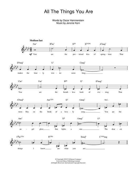 Preview Jerome Kern All The Things You Are Pop sheet music, notes and chords for Melody Line, Lyrics & Chords, SKU: 13933 sheet music, piano notes, chords, guitar tabs, score, transpose, transcribe, how to play, guide, download, learn, tutorial, progression, song, artist, awards, billboard, mtv, vh1, tour, single, album, release