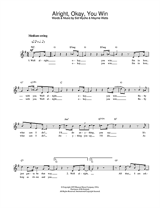 Preview Elvis Presley Alright, Okay, You Win Pop sheet music, notes and chords for Melody Line, Lyrics & Chords, SKU: 13936 Alright, Okay, You Win sheet music