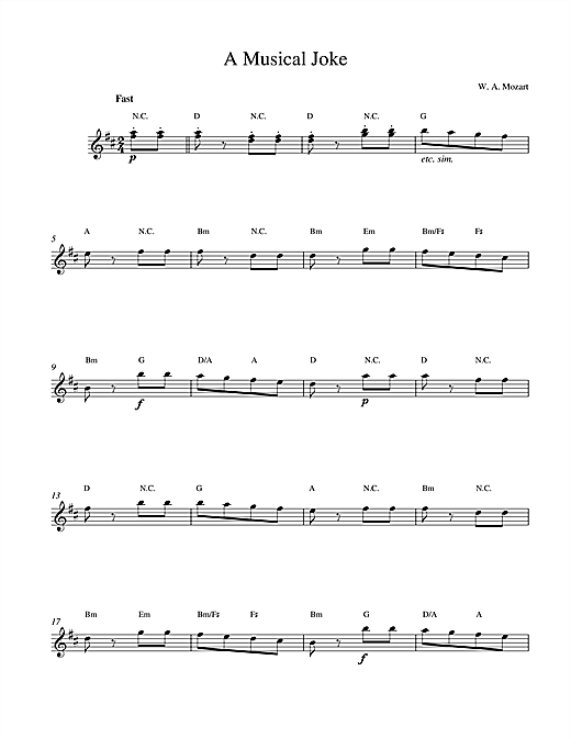 Preview Wolfgang Amadeus Mozart A Musical Joke (theme from BBC Horse Of The Year Show) Classical sheet music, notes and chords for Melody Line & Chords, SKU: 13940 sheet music, piano notes, chords, guitar tabs, score, transpose, transcribe, how to play, guide, download, learn, tutorial, progression, song, artist, awards, billboard, mtv, vh1, tour, single, album, release