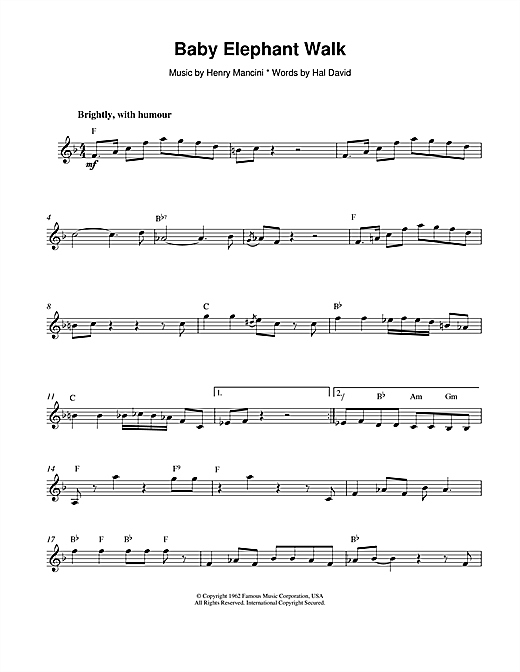 Preview Henry Mancini Baby Elephant Walk Jazz sheet music, notes and chords for Melody Line & Chords, SKU: 13956 sheet music, piano notes, chords, guitar tabs, score, transpose, transcribe, how to play, guide, download, learn, tutorial, progression, song, artist, awards, billboard, mtv, vh1, tour, single, album, release