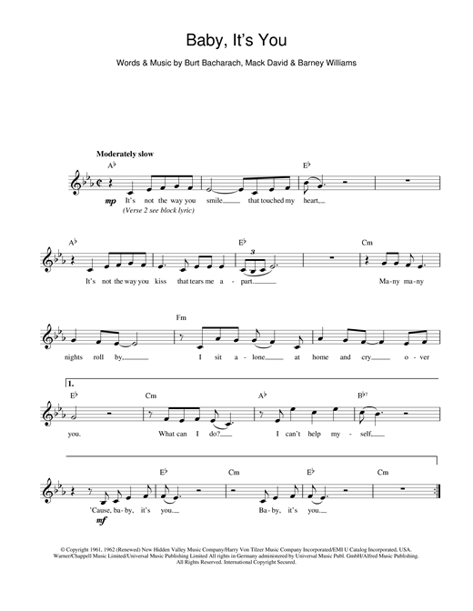 Preview Bacharach & David Baby It's You Pop sheet music, notes and chords for Melody Line, Lyrics & Chords, SKU: 13957 sheet music, piano notes, chords, guitar tabs, score, transpose, transcribe, how to play, guide, download, learn, tutorial, progression, song, artist, awards, billboard, mtv, vh1, tour, single, album, release