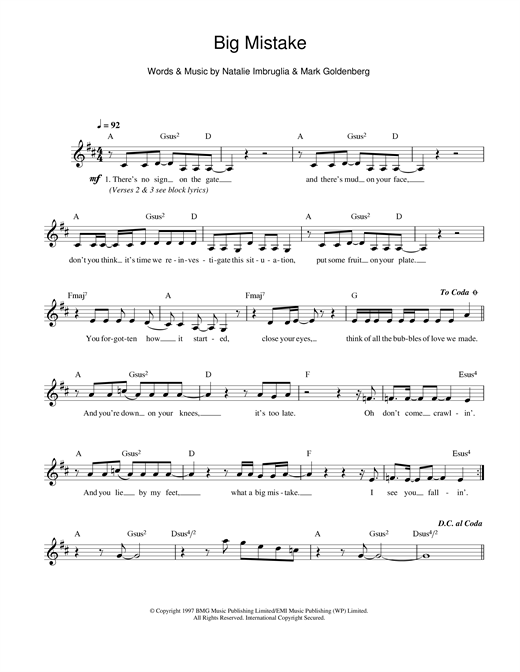 Preview Natalie Imbruglia Big Mistake Rock sheet music, notes and chords for Melody Line, Lyrics & Chords, SKU: 13967 sheet music, piano notes, chords, guitar tabs, score, transpose, transcribe, how to play, guide, download, learn, tutorial, progression, song, artist, awards, billboard, mtv, vh1, tour, single, album, release