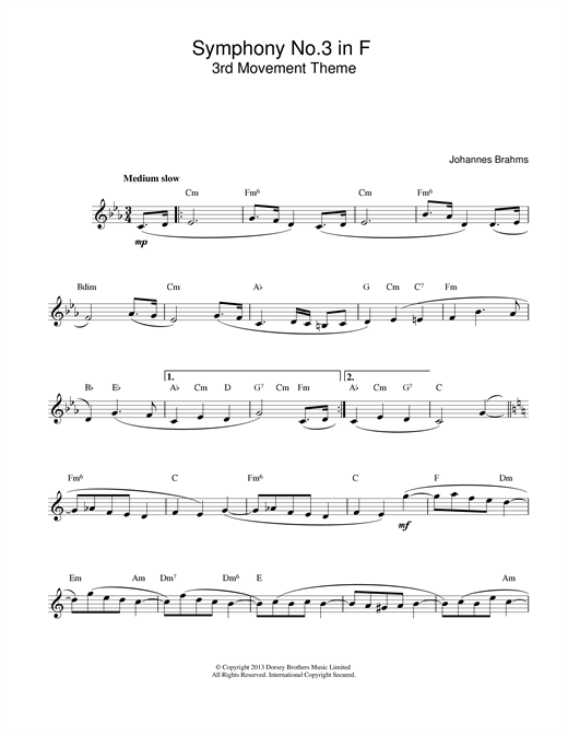 Preview Johannes Brahms Symphony No 3 In F Classical sheet music, notes and chords for Melody Line & Chords, SKU: 13971 sheet music, piano notes, chords, guitar tabs, score, transpose, transcribe, how to play, guide, download, learn, tutorial, progression, song, artist, awards, billboard, mtv, vh1, tour, single, album, release