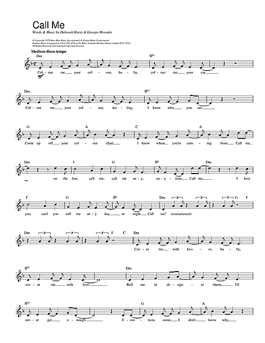 Preview Blondie Call Me Pop sheet music, notes and chords for Melody Line, Lyrics & Chords, SKU: 13976 sheet music, piano notes, chords, guitar tabs, score, transpose, transcribe, how to play, guide, download, learn, tutorial, progression, song, artist, awards, billboard, mtv, vh1, tour, single, album, release