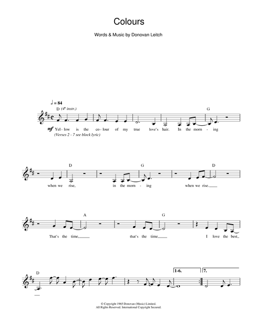 Preview Donovan Colours Classics sheet music, notes and chords for Melody Line, Lyrics & Chords, SKU: 14004 sheet music, piano notes, chords, guitar tabs, score, transpose, transcribe, how to play, guide, download, learn, tutorial, progression, song, artist, awards, billboard, mtv, vh1, tour, single, album, release
