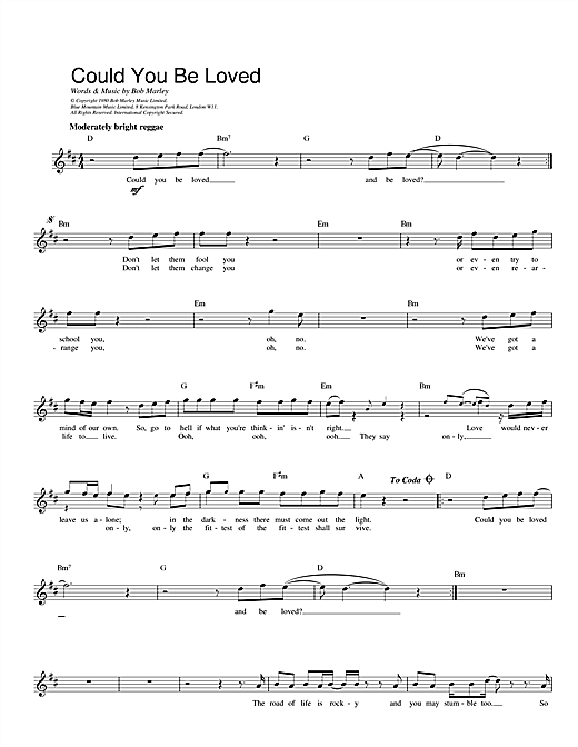 Preview Bob Marley Could You Be Loved Reggae sheet music, notes and chords for Melody Line, Lyrics & Chords, SKU: 14011 sheet music, piano notes, chords, guitar tabs, score, transpose, transcribe, how to play, guide, download, learn, tutorial, progression, song, artist, awards, billboard, mtv, vh1, tour, single, album, release