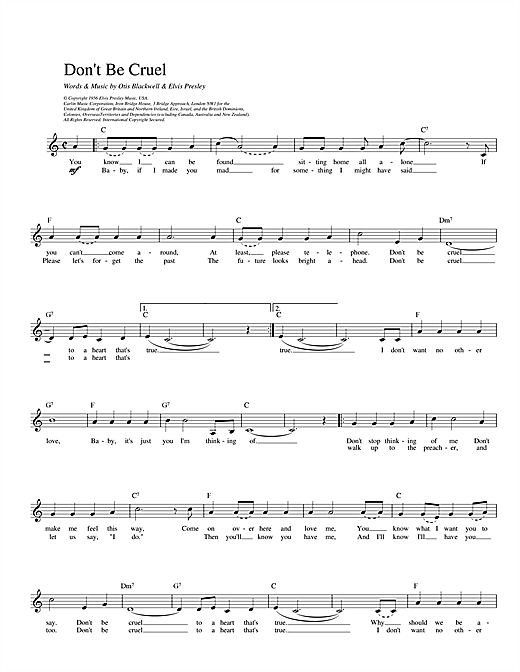 Preview Elvis Presley Don't Be Cruel Pop sheet music, notes and chords for Melody Line, Lyrics & Chords, SKU: 14024 sheet music, piano notes, chords, guitar tabs, score, transpose, transcribe, how to play, guide, download, learn, tutorial, progression, song, artist, awards, billboard, mtv, vh1, tour, single, album, release