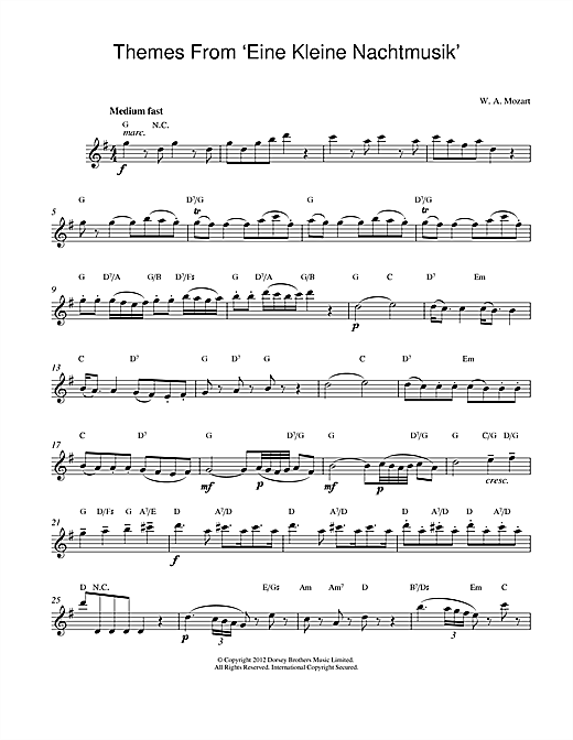 Preview Wolfgang Amadeus Mozart Eine Kleine Nachtmusik Classical sheet music, notes and chords for Melody Line & Chords, SKU: 14027 sheet music, piano notes, chords, guitar tabs, score, transpose, transcribe, how to play, guide, download, learn, tutorial, progression, song, artist, awards, billboard, mtv, vh1, tour, single, album, release