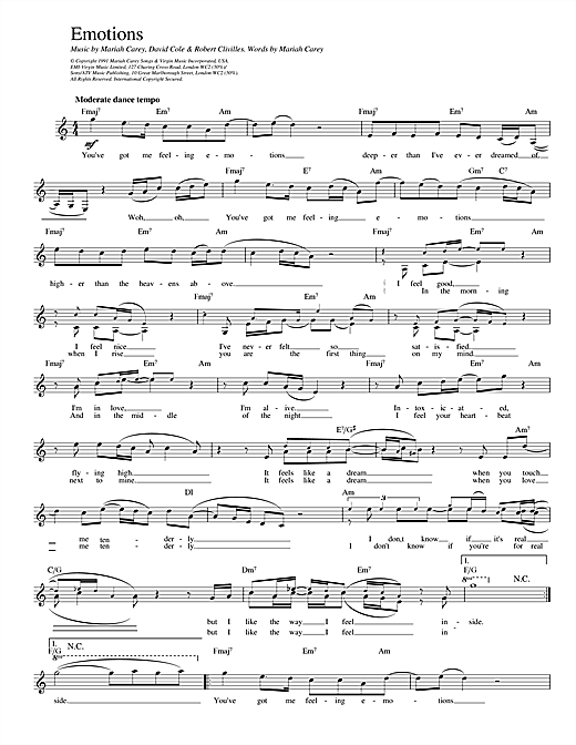 Preview Mariah Carey Emotions R & B sheet music, notes and chords for Melody Line, Lyrics & Chords, SKU: 14029 sheet music, piano notes, chords, guitar tabs, score, transpose, transcribe, how to play, guide, download, learn, tutorial, progression, song, artist, awards, billboard, mtv, vh1, tour, single, album, release