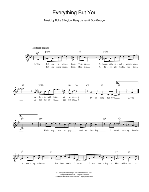 Preview Duke Ellington Everything But You Jazz sheet music, notes and chords for Melody Line, Lyrics & Chords, SKU: 14036 sheet music, piano notes, chords, guitar tabs, score, transpose, transcribe, how to play, guide, download, learn, tutorial, progression, song, artist, awards, billboard, mtv, vh1, tour, single, album, release