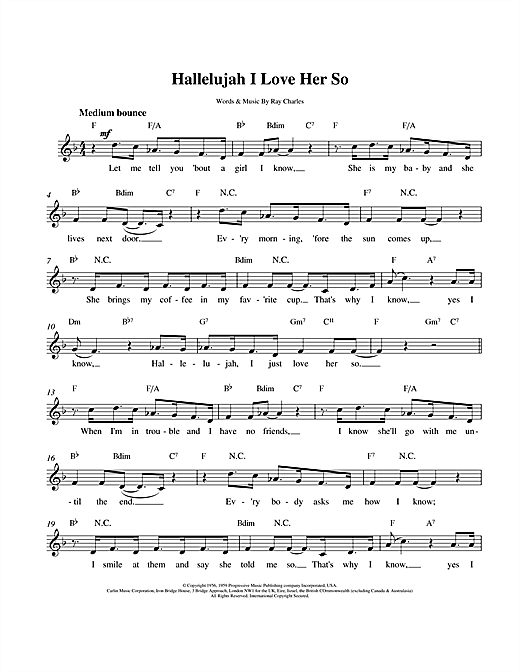 Preview Ray Charles Hallelujah I Love Her So Pop sheet music, notes and chords for Melody Line, Lyrics & Chords, SKU: 14051 sheet music, piano notes, chords, guitar tabs, score, transpose, transcribe, how to play, guide, download, learn, tutorial, progression, song, artist, awards, billboard, mtv, vh1, tour, single, album, release