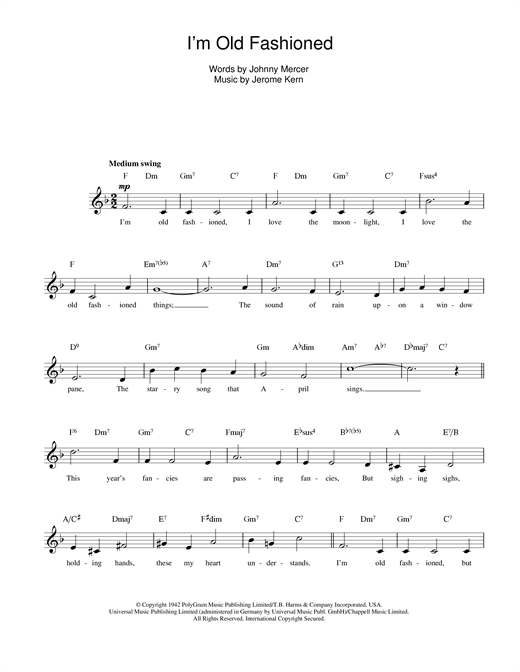 Preview Jerome Kern I'm Old Fashioned Pop sheet music, notes and chords for Melody Line, Lyrics & Chords, SKU: 14064 sheet music, piano notes, chords, guitar tabs, score, transpose, transcribe, how to play, guide, download, learn, tutorial, progression, song, artist, awards, billboard, mtv, vh1, tour, single, album, release