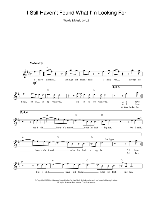 Preview U2 I Still Haven't Found What I'm Looking For Rock sheet music, notes and chords for Melody Line, Lyrics & Chords, SKU: 14071 sheet music, piano notes, chords, guitar tabs, score, transpose, transcribe, how to play, guide, download, learn, tutorial, progression, song, artist, awards, billboard, mtv, vh1, tour, single, album, release