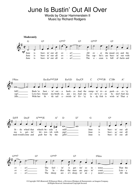 Preview Rodgers & Hammerstein June Is Bustin' Out All Over (from Carousel) Musicals sheet music, notes and chords for Melody Line, Lyrics & Chords, SKU: 14080 sheet music, piano notes, chords, guitar tabs, score, transpose, transcribe, how to play, guide, download, learn, tutorial, progression, song, artist, awards, billboard, mtv, vh1, tour, single, album, release