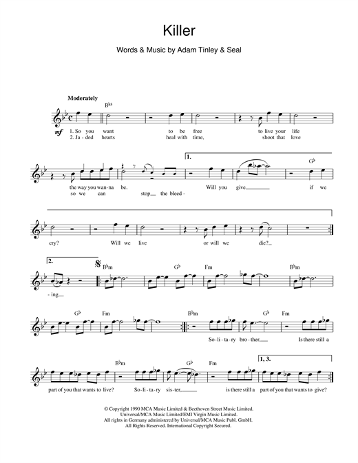 Preview Seal Killer Pop sheet music, notes and chords for Melody Line, Lyrics & Chords, SKU: 14082 sheet music, piano notes, chords, guitar tabs, score, transpose, transcribe, how to play, guide, download, learn, tutorial, progression, song, artist, awards, billboard, mtv, vh1, tour, single, album, release