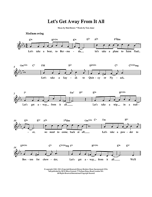 Preview Frank Sinatra Let's Get Away From It All Easy Listening sheet music, notes and chords for Melody Line, Lyrics & Chords, SKU: 14086 sheet music, piano notes, chords, guitar tabs, score, transpose, transcribe, how to play, guide, download, learn, tutorial, progression, song, artist, awards, billboard, mtv, vh1, tour, single, album, release