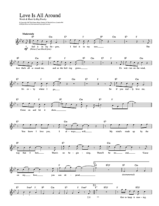 Preview Wet Wet Wet Love Is All Around Pop sheet music, notes and chords for Melody Line, Lyrics & Chords, SKU: 14100 sheet music, piano notes, chords, guitar tabs, score, transpose, transcribe, how to play, guide, download, learn, tutorial, progression, song, artist, awards, billboard, mtv, vh1, tour, single, album, release
