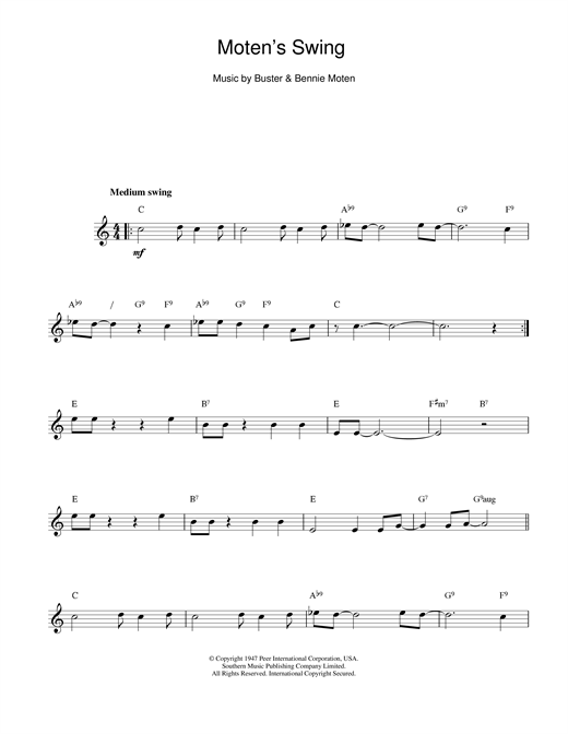 Preview Bennie Moten Moten's Swing Jazz sheet music, notes and chords for Melody Line & Chords, SKU: 14114 sheet music, piano notes, chords, guitar tabs, score, transpose, transcribe, how to play, guide, download, learn, tutorial, progression, song, artist, awards, billboard, mtv, vh1, tour, single, album, release