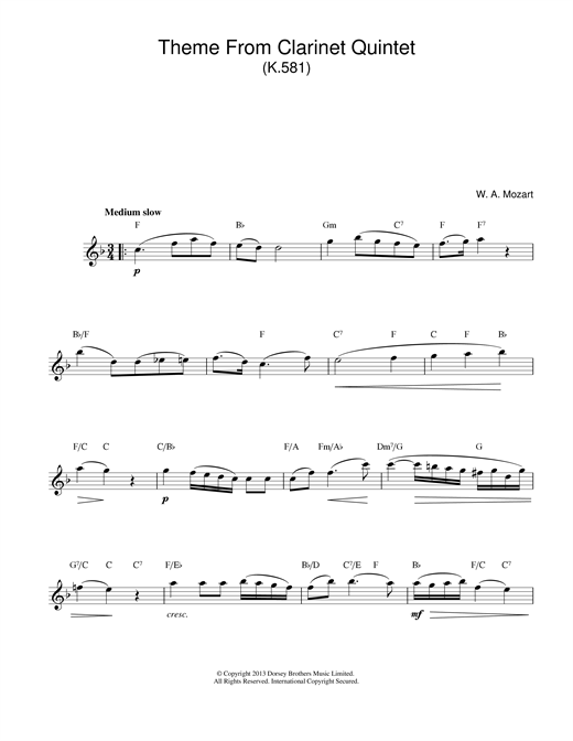 Preview Wolfgang Amadeus Mozart Theme From Clarinet Quintet, K581 Classical sheet music, notes and chords for Melody Line & Chords, SKU: 14116 sheet music, piano notes, chords, guitar tabs, score, transpose, transcribe, how to play, guide, download, learn, tutorial, progression, song, artist, awards, billboard, mtv, vh1, tour, single, album, release