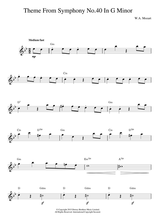Preview Wolfgang Amadeus Mozart Symphony No. 40 (Theme) Classical sheet music, notes and chords for Melody Line & Chords, SKU: 14120 sheet music, piano notes, chords, guitar tabs, score, transpose, transcribe, how to play, guide, download, learn, tutorial, progression, song, artist, awards, billboard, mtv, vh1, tour, single, album, release