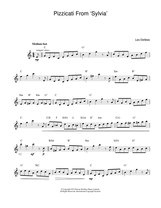 Preview Leo Delibes Pizzicati From Sylvia Classical sheet music, notes and chords for Melody Line & Chords, SKU: 14138 sheet music, piano notes, chords, guitar tabs, score, transpose, transcribe, how to play, guide, download, learn, tutorial, progression, song, artist, awards, billboard, mtv, vh1, tour, single, album, release