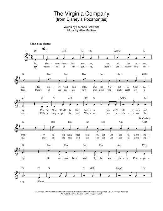 Preview Alan Menken The Virginia Company (from Pocahontas) Film and TV sheet music, notes and chords for Melody Line, Lyrics & Chords, SKU: 14140 sheet music, piano notes, chords, guitar tabs, score, transpose, transcribe, how to play, guide, download, learn, tutorial, progression, song, artist, awards, billboard, mtv, vh1, tour, single, album, release