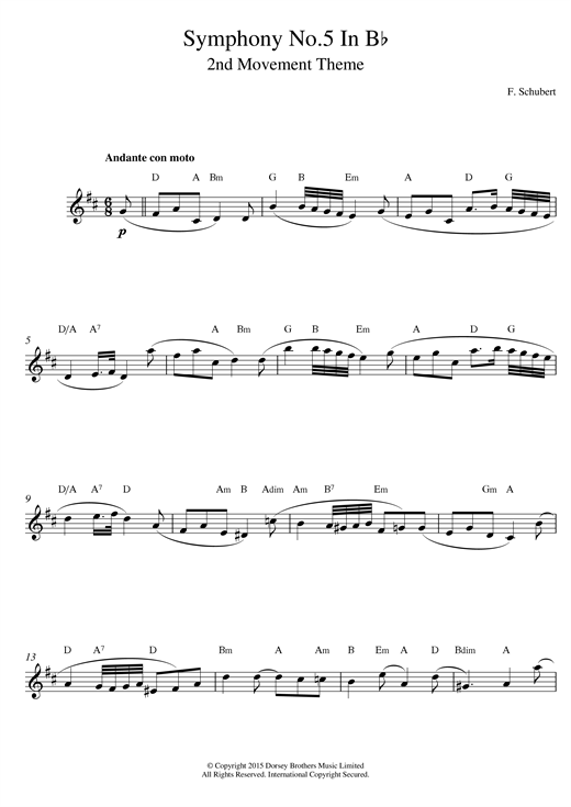 Preview Franz Schubert Symphony No.5 in B Flat Major - 2nd Movement: Andante con moto Classical sheet music, notes and chords for Melody Line & Chords, SKU: 14161 sheet music, piano notes, chords, guitar tabs, score, transpose, transcribe, how to play, guide, download, learn, tutorial, progression, song, artist, awards, billboard, mtv, vh1, tour, single, album, release