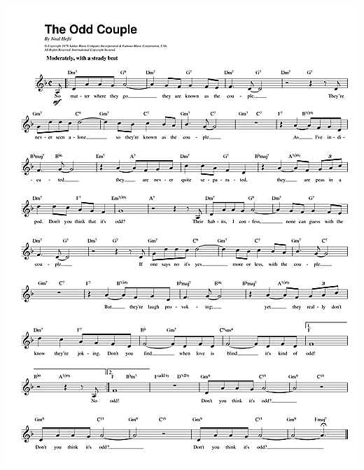 Preview Neal Hefti Theme from The Odd Couple Film and TV sheet music, notes and chords for Melody Line, Lyrics & Chords, SKU: 14192 sheet music, piano notes, chords, guitar tabs, score, transpose, transcribe, how to play, guide, download, learn, tutorial, progression, song, artist, awards, billboard, mtv, vh1, tour, single, album, release