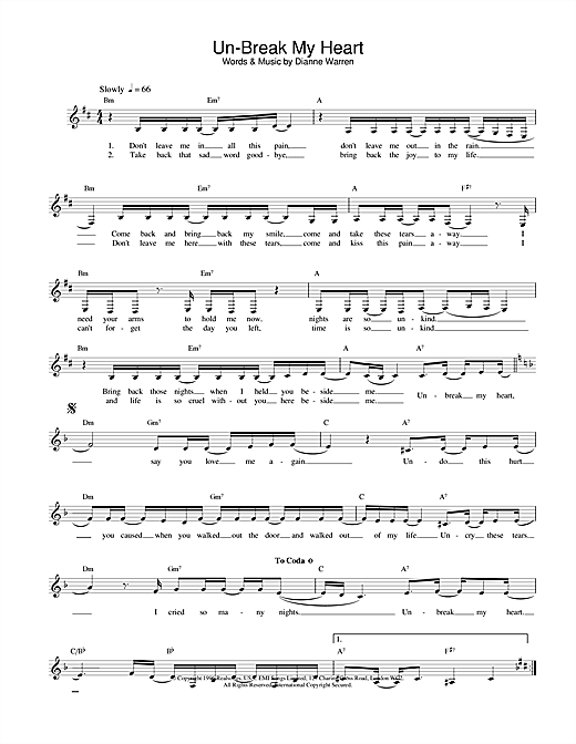Preview Toni Braxton Un-Break My Heart Pop sheet music, notes and chords for Melody Line, Lyrics & Chords, SKU: 14206 sheet music, piano notes, chords, guitar tabs, score, transpose, transcribe, how to play, guide, download, learn, tutorial, progression, song, artist, awards, billboard, mtv, vh1, tour, single, album, release
