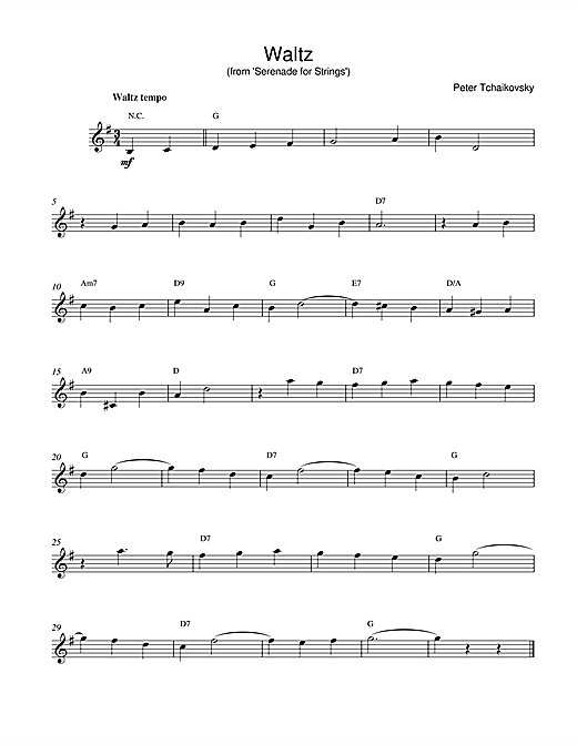 Preview Pyotr Ilyich Tchaikovsky Waltz (from Serenade for Strings In C, Op. 48) Classical sheet music, notes and chords for Melody Line & Chords, SKU: 14217 sheet music, piano notes, chords, guitar tabs, score, transpose, transcribe, how to play, guide, download, learn, tutorial, progression, song, artist, awards, billboard, mtv, vh1, tour, single, album, release