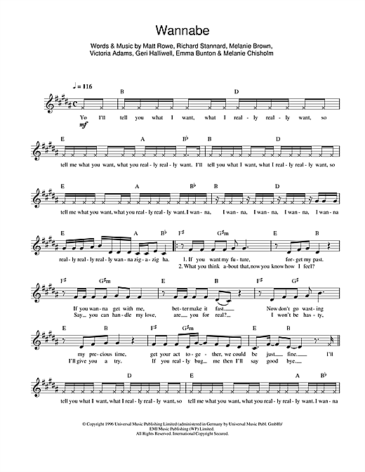 Preview The Spice Girls Wannabe Pop sheet music, notes and chords for Melody Line, Lyrics & Chords, SKU: 14219 sheet music, piano notes, chords, guitar tabs, score, transpose, transcribe, how to play, guide, download, learn, tutorial, progression, song, artist, awards, billboard, mtv, vh1, tour, single, album, release