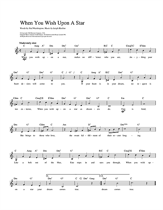 Preview Cliff Edwards When You Wish Upon A Star (from Disney's Pinocchio) Film and TV sheet music, notes and chords for Melody Line, Lyrics & Chords, SKU: 14228 sheet music, piano notes, chords, guitar tabs, score, transpose, transcribe, how to play, guide, download, learn, tutorial, progression, song, artist, awards, billboard, mtv, vh1, tour, single, album, release
