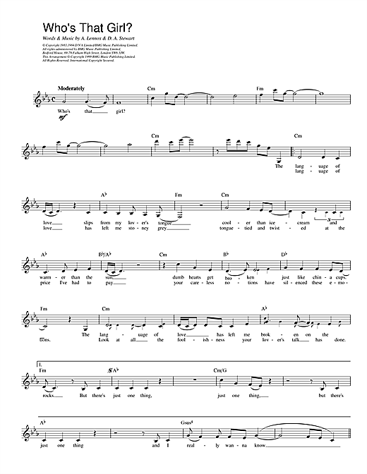 Preview Eurythmics Who's That Girl? Rock sheet music, notes and chords for Melody Line, Lyrics & Chords, SKU: 14238 sheet music, piano notes, chords, guitar tabs, score, transpose, transcribe, how to play, guide, download, learn, tutorial, progression, song, artist, awards, billboard, mtv, vh1, tour, single, album, release