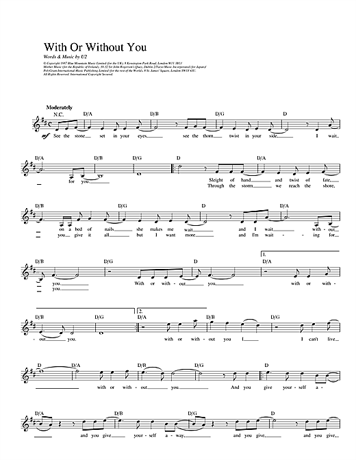 Preview U2 With Or Without You Rock sheet music, notes and chords for Melody Line, Lyrics & Chords, SKU: 14241 sheet music, piano notes, chords, guitar tabs, score, transpose, transcribe, how to play, guide, download, learn, tutorial, progression, song, artist, awards, billboard, mtv, vh1, tour, single, album, release