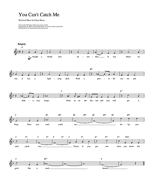 Preview Chuck Berry You Can't Catch Me Pop sheet music, notes and chords for Melody Line, Lyrics & Chords, SKU: 14247 sheet music, piano notes, chords, guitar tabs, score, transpose, transcribe, how to play, guide, download, learn, tutorial, progression, song, artist, awards, billboard, mtv, vh1, tour, single, album, release