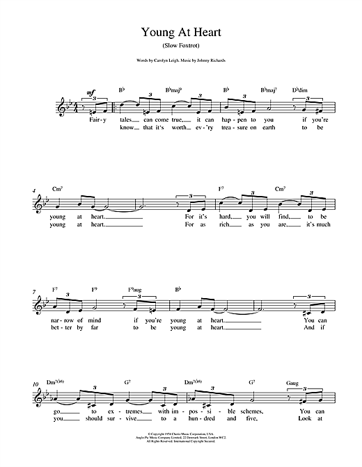 Preview Frank Sinatra Young At Heart Jazz sheet music, notes and chords for Melody Line, Lyrics & Chords, SKU: 14250 sheet music, piano notes, chords, guitar tabs, score, transpose, transcribe, how to play, guide, download, learn, tutorial, progression, song, artist, awards, billboard, mtv, vh1, tour, single, album, release