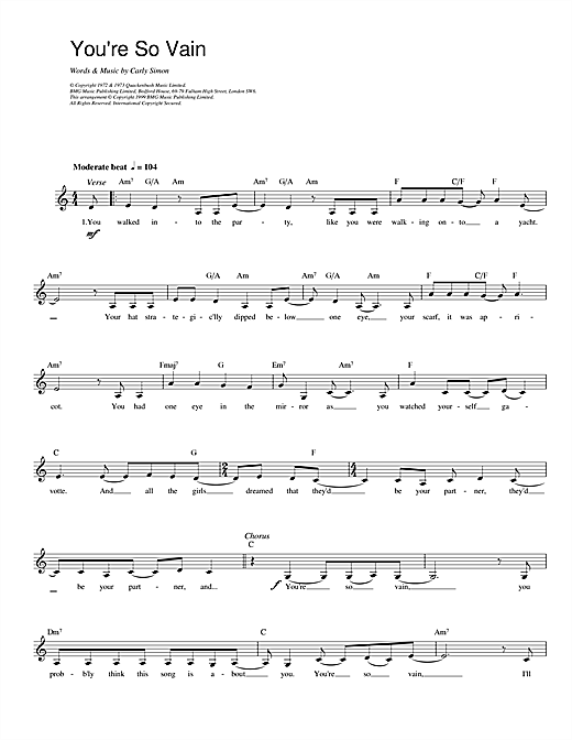 Preview Carly Simon You're So Vain Pop sheet music, notes and chords for Melody Line, Lyrics & Chords, SKU: 14251 sheet music, piano notes, chords, guitar tabs, score, transpose, transcribe, how to play, guide, download, learn, tutorial, progression, song, artist, awards, billboard, mtv, vh1, tour, single, album, release