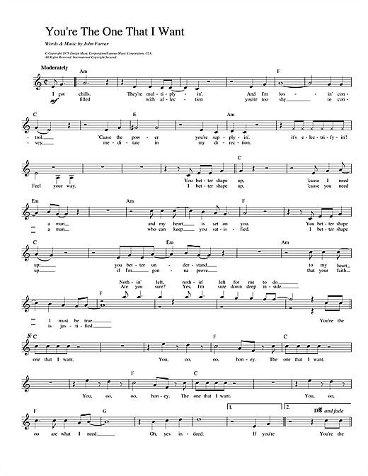 Preview Olivia Newton-John and John Travolta You're The One That I Want (from Grease) Pop sheet music, notes and chords for Melody Line, Lyrics & Chords, SKU: 14252 sheet music, piano notes, chords, guitar tabs, score, transpose, transcribe, how to play, guide, download, learn, tutorial, progression, song, artist, awards, billboard, mtv, vh1, tour, single, album, release