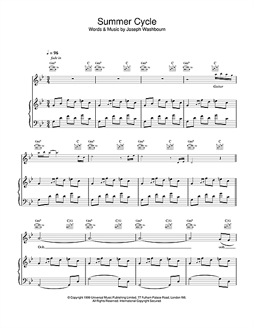 Preview Toploader Summer Cycle Rock sheet music, notes and chords for Piano, Vocal & Guitar, SKU: 14430 sheet music, piano notes, chords, guitar tabs, score, transpose, transcribe, how to play, guide, download, learn, tutorial, progression, song, artist, awards, billboard, mtv, vh1, tour, single, album, release