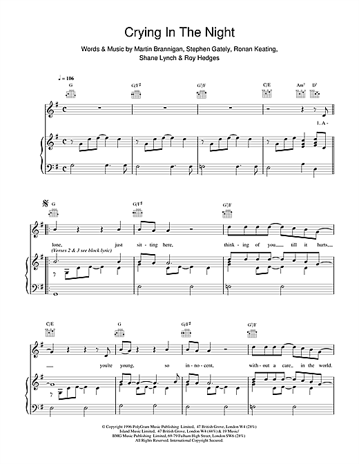 Preview Boyzone Crying In The Night Pop sheet music, notes and chords for Piano, Vocal & Guitar (Right-Hand Melody), SKU: 14466 sheet music, piano notes, chords, guitar tabs, score, transpose, transcribe, how to play, guide, download, learn, tutorial, progression, song, artist, awards, billboard, mtv, vh1, tour, single, album, release