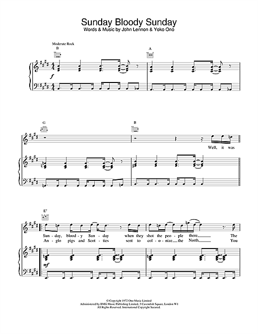 Preview John Lennon Sunday Bloody Sunday Rock sheet music, notes and chords for Piano, Vocal & Guitar, SKU: 14470 sheet music, piano notes, chords, guitar tabs, score, transpose, transcribe, how to play, guide, download, learn, tutorial, progression, song, artist, awards, billboard, mtv, vh1, tour, single, album, release