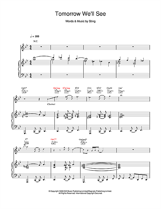 Preview Sting Tomorrow We'll See Rock sheet music, notes and chords for Piano, Vocal & Guitar, SKU: 14476 sheet music, piano notes, chords, guitar tabs, score, transpose, transcribe, how to play, guide, download, learn, tutorial, progression, song, artist, awards, billboard, mtv, vh1, tour, single, album, release