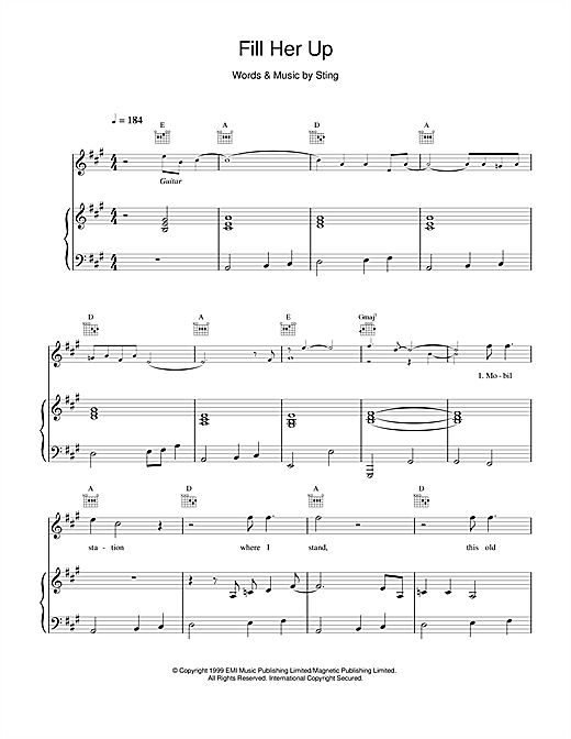 Preview Sting Fill Her Up Rock sheet music, notes and chords for Piano, Vocal & Guitar, SKU: 14480 sheet music, piano notes, chords, guitar tabs, score, transpose, transcribe, how to play, guide, download, learn, tutorial, progression, song, artist, awards, billboard, mtv, vh1, tour, single, album, release