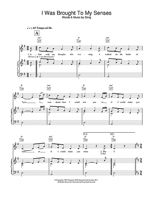 Preview Sting I Was Brought To My Senses Rock sheet music, notes and chords for Piano, Vocal & Guitar (Right-Hand Melody), SKU: 14484 sheet music, piano notes, chords, guitar tabs, score, transpose, transcribe, how to play, guide, download, learn, tutorial, progression, song, artist, awards, billboard, mtv, vh1, tour, single, album, release