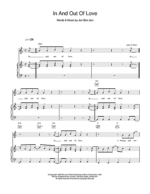Preview Bon Jovi In And Out Of Love Rock sheet music, notes and chords for Piano, Vocal & Guitar (Right-Hand Melody), SKU: 14493 sheet music, piano notes, chords, guitar tabs, score, transpose, transcribe, how to play, guide, download, learn, tutorial, progression, song, artist, awards, billboard, mtv, vh1, tour, single, album, release