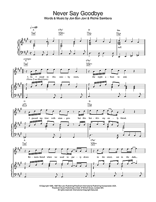 Preview Bon Jovi Never Say Goodbye Rock sheet music, notes and chords for Piano, Vocal & Guitar (Right-Hand Melody), SKU: 14496 sheet music, piano notes, chords, guitar tabs, score, transpose, transcribe, how to play, guide, download, learn, tutorial, progression, song, artist, awards, billboard, mtv, vh1, tour, single, album, release