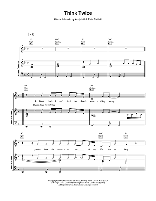 Preview Celine Dion Think Twice Pop sheet music, notes and chords for Piano, Vocal & Guitar (Right-Hand Melody), SKU: 14503 sheet music, piano notes, chords, guitar tabs, score, transpose, transcribe, how to play, guide, download, learn, tutorial, progression, song, artist, awards, billboard, mtv, vh1, tour, single, album, release