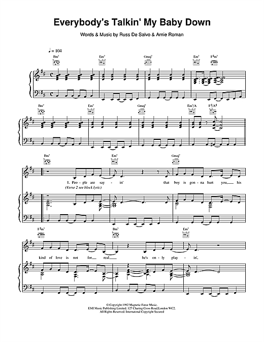 Preview Celine Dion Everybody's Talkin' My Baby Down Pop sheet music, notes and chords for Piano, Vocal & Guitar (Right-Hand Melody), SKU: 14505 sheet music, piano notes, chords, guitar tabs, score, transpose, transcribe, how to play, guide, download, learn, tutorial, progression, song, artist, awards, billboard, mtv, vh1, tour, single, album, release