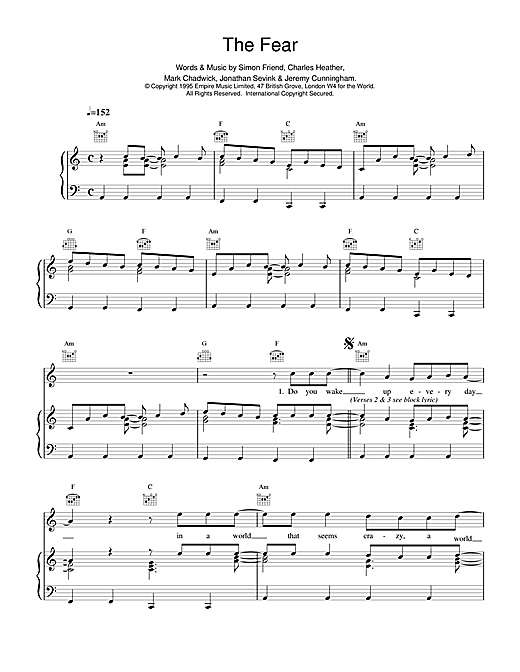 Preview The Levellers The Fear Pop sheet music, notes and chords for Piano, Vocal & Guitar (Right-Hand Melody), SKU: 14521 The Fear sheet music