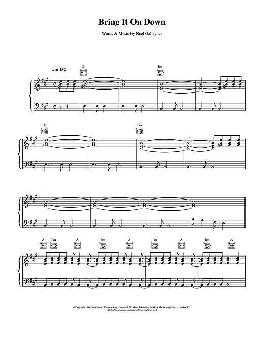 Preview Oasis Bring It On Down Pop sheet music, notes and chords for Piano, Vocal & Guitar (Right-Hand Melody), SKU: 14546 sheet music, piano notes, chords, guitar tabs, score, transpose, transcribe, how to play, guide, download, learn, tutorial, progression, song, artist, awards, billboard, mtv, vh1, tour, single, album, release
